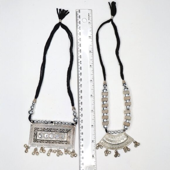 Set of 2 Handmade Ornate Silver Pendant Necklaces Yarn Cord Statement Jewelry - Picture 4 of 8